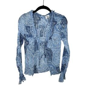 NO BOUNDARIES / vintage y2k blue white paisley sequin pleated tie front top / M